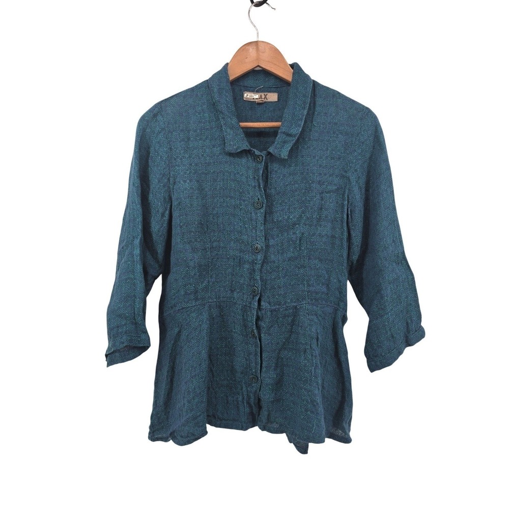 FLAX Button Up Shirt Womens P Teal Purple Linen Lagenlook Peplum 3/4 Sleeve